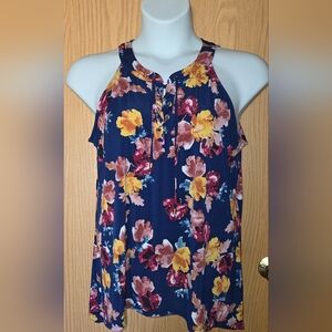 Daisy Fuentes Floral Lace-Up Blouse in Navy and Yellow